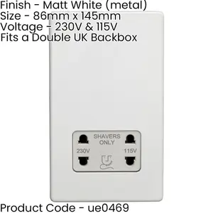 230V & 115V Twin Shaver Socket Wall Plate SCREWLESS MATT WHITE Bathroom