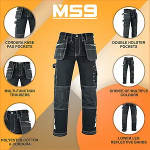 MS9 Mens Hi Viz Cargo Combat Holster Pockets Tactical Working Work Trouser Trousers Pants E1, Black - 34W/32L