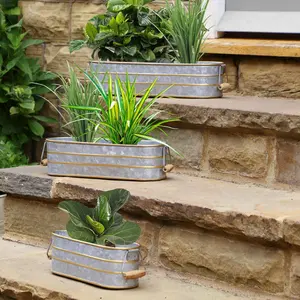 Set of 3 Galvanised Zinc & Gold Embossed Outdoor Garden Planter Pots