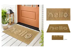 A.Unique Home 15mm Natural Coir Doormat with Printed Pattern 40cm x 80cm - Non-Slip PVC Backed - HELLO EMBOSSED MAT