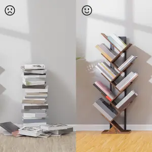 Tree Bookshelf Tall, 9-Tier Floor Standing Book Shelf, Tall Bookcase with Wooden Shelves for CDs Albums, Metal Frame,