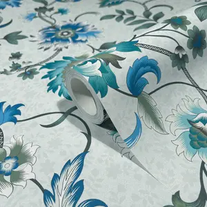 Galerie Heritage Blue Floral Motif Wallpaper Roll