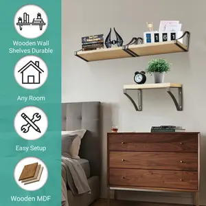 Floating Shelf Wall Mounted 3 Wood Shelves With Metal Basket