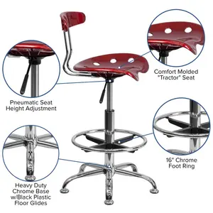 Vibrant Chrome Drafting Stool with Tractor Seat Wine Red