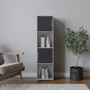 URBNLIVING 119cm Height 4 Cube Bookcase Grey Wooden Black Door Metal Handle Display Storage Shelf