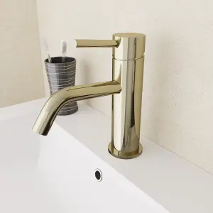 Nes Home Modern Deck Mounted Gloss Round Single Lever Basin Mono Mixer Tap Gold