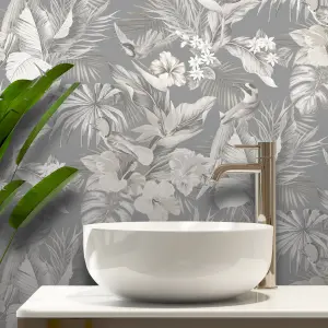 Vasari Paradise Birds Grey Wallpaper