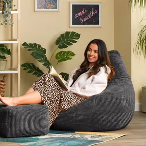 icon Dalton Corduroy Bean Bag Chair & Pouffe Charcoal Grey Recliner Bean Bags