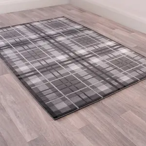 Tartan Grey Chequered Tartan Easy to Clean Rug For Dining Room-80cm X 150cm