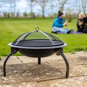 Portable Fire Pit Bowl - Foldable Black Metal Outdoor Garden Log Wood Charcoal Burner with BBQ Grill & Storage Bag - H41 x 54cm