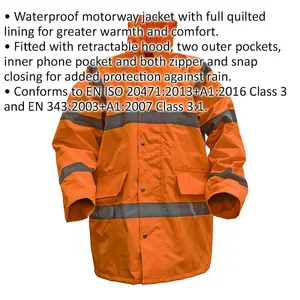 XL Orange Hi-Vis Motorway Jacket with Quilted Lining - Retractable Hood