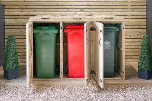 Wheelie Triple Bin Store - L64 x W180.5 x H120 cm - Timber - Fits 3 x 140L Wheelie Bins