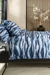 TLC Waves Blue Printed Percale 100% Cotton Duvet Bedding Cover Set