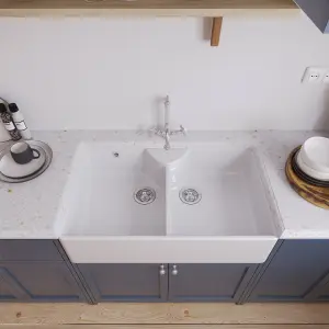 895mm - Double Bowl Fireclay Butler Kitchen Sink - Stepped Weir, Classic Tap & Wastes