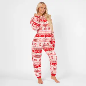 OHS Nordic Onesie Christmas Hooded Loungewear Soft Pyjamas, Red - Medium