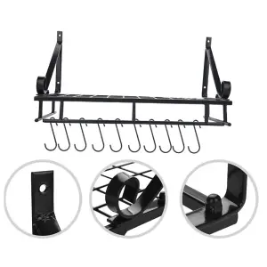 Kitchen Metal Shelves Saucepan Pan Pot Rack Storage Shelf with 10 Hooks Wall Mounted W 60 cm