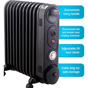 Mylek Oil Filled Radiator Electric Heater, Portable, Thermostat and 24hr Timer by Mylek 2500w Black