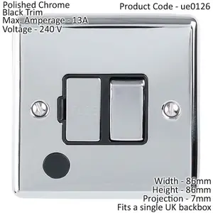 13A DP Switched Fuse Spur & Flex Outlet CHROME & Black Mains Isolation