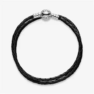 Pandora Moments Double Black Leather Bracelet - Geniune Leather / Sterling Silver / Black - Sz. 41 cm