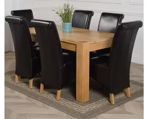 Kuba 150 x 85 cm Chunky Medium Oak Dining Table and 6 Chairs Dining Set with Montana Black Leather Chairs