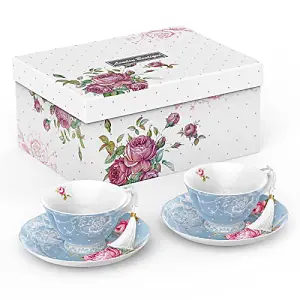 London Boutique Tea Cup and Saucer Set 2 Afternoon Tea Set New Bone China Vintage Flora Gift Box 200m (Blue)