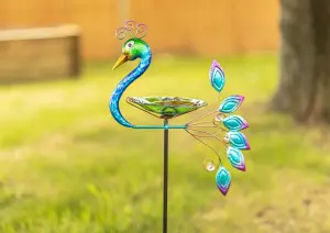 Garden Peacock Glass Bird Bath Feeder Stake