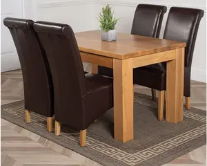 Dakota 127 x 82 cm Chunky Oak Small Dining Table and 4 Chairs Dining Set with Montana Brown Leather Chairs