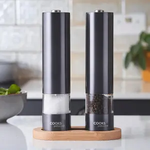 Cooks Professional Electric Salt and Pepper Mill Grinder Set Shaker Automatic with Stand Graphite Grey