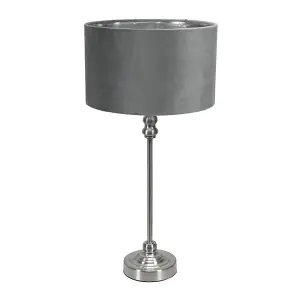 ValueLights Maggie Chrome Candlestick Table Lamp with Grey Velvet and Chrome Inner Lamp Shade and LED Bulb