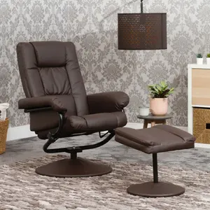 Avenal 72cm Wide Brown Bonded Leather 360 Degree Ergonomic Swivel Base Recliner Chair and Footstool