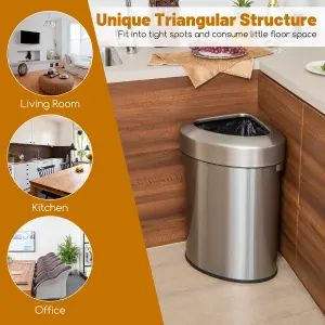 Costway 60L Corner Trash Can Rubbish Bin Stainless Steel Stay Open Rubbish Can