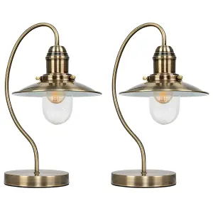 ValueLights Ukai 2 x Vintage Antique Brass Metal and Glass Fisherman's Style Lantern Touch Table Lamps with LED Bulb