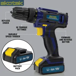 Skotek Cordless Drill Driver 18V/20V Li-Ion Electric Screwdriver Included Drill Bit Set LED Light Charger & 2 Batteries