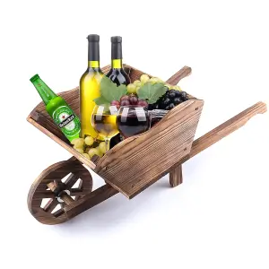 GARDEN MODERN WOODEN WHEEL BARROW PLANTER BURNT WOOD FLOWER CART ORNAMENTAL POT