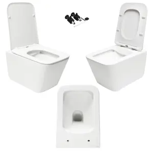 Square Gloss White Hidden Fixation Rimless Wall Hung Toilet Pan & GROHE 1.13m Concealed WC Cistern Frame