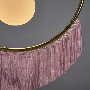 ValueLights Jupiter Brass Semicircle & Pink Tassel Fringe Ceiling Pendant Light with Frosted Globe Shade with 3w LED G9 Bulb