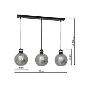 Milagro Omega Hand Made Linear Pendant Lamp With Elegant Smoked Glass Spheres Quality Matt Black Fittings With Gold Detail