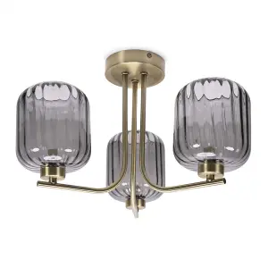 ValueLights Amelie Gold 3 Way Ceiling Light with Smoked Ribbed Glass Shades