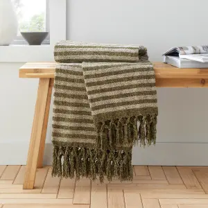 Catherine Lansfield Stripe Chenille 130x170cm Blanket Throw Olive Green