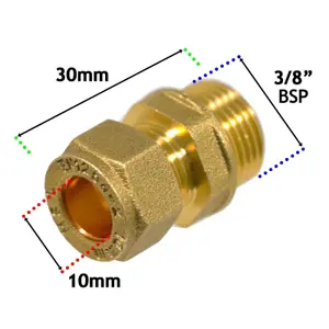 SPARES2GO Compression Connector 10mm x 3/8" BSP Male Straight Brass Pipe Coupler Adaptor Fitting (Pack of 2)