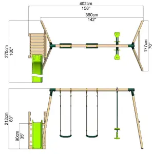 Rebo Wooden Swing Set plus Deck & Slide - Neptune Green