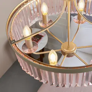 Luminosa Ascoli 6 Light Ceiling Pendant Champagne Paint & Rose Pink Cut Glass