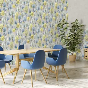 Galerie Julie Feels Home Yellow/Blue Large Tilia Shimmery Trees Wallpaper Roll