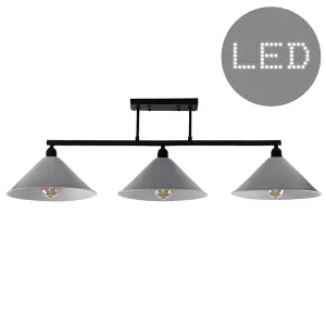 ValueLights Fillatt 3 Way Satin Black Pipework Bar Ceiling Light with Grey Tapered Shades - LED Filament Bulbs In Warm White