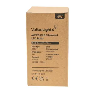 ValueLights Pack of 5 4w LED Filament ES E27 GLS Amber Light Bulb - Warm White 2700K