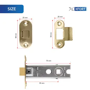 XFORT Polished Brass Radius Tubular Latch, Two 75mm Polished Brass Radius Tubular Latches for Internal Wooden Doors.