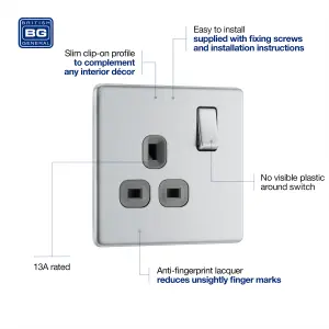 BG Electrical FBS21G Nexus Screwless Flat-Plate Single Switched Plug Socket Brushed Steel Grey Insert 13A