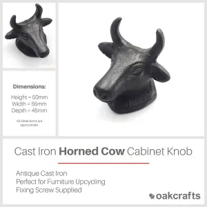 Oakcrafts - Small Antique Cast Iron Horned Cow Cabinet Knob - Approx 55mm - Pack of 6