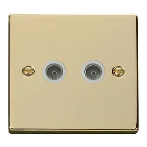 Polished Brass 2 Gang Twin Coaxial TV Socket - White Trim - SE Home