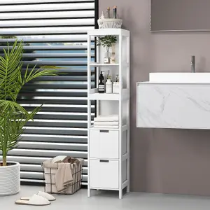 Costway 5-Tier Bathroom Tall Cabinet 145cm Storage Organizer Rack Stand Cupboard w/ 2 drawers